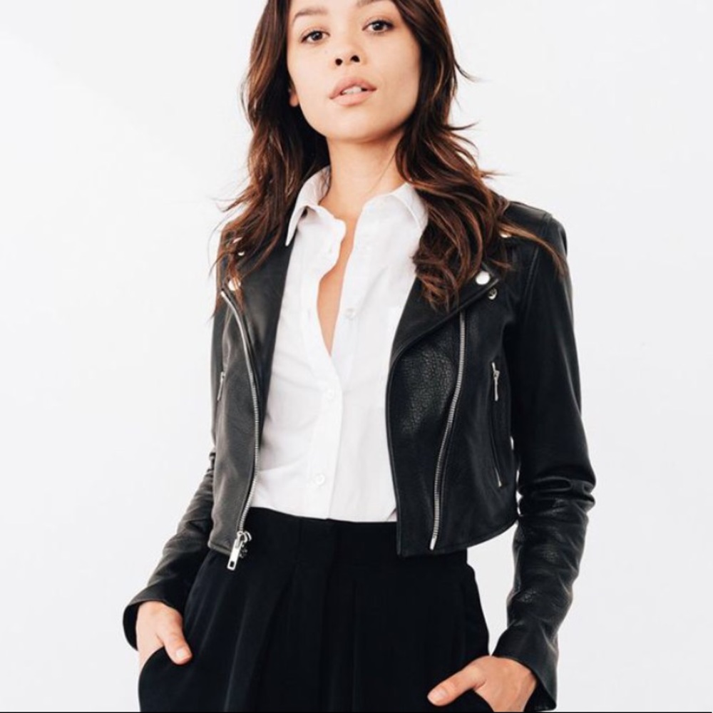 Laer Cropped Moto Leather Jacket XS newish black - Picture 2 of 8